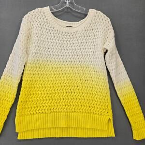a.n.a. White Yellow Sweater Open Knit Long Sleeves Scoop Neck Women's Size M Top